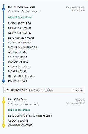 Botanical Garden to Chandni Chowk Route