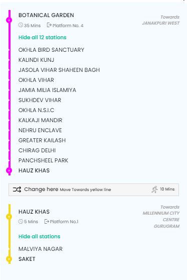 Botanical Garden to Saket Metro Route